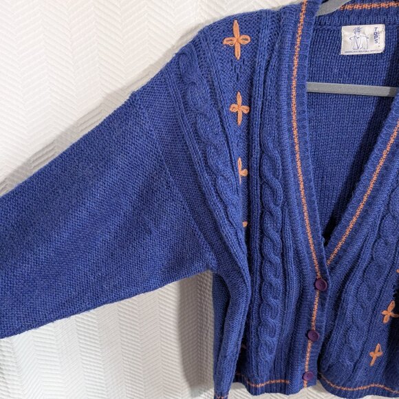 Vintage 80s Chunky Cable Knit Cardigan Blue Orange Wool Blend Est. size M to L - Picture 6 of 16